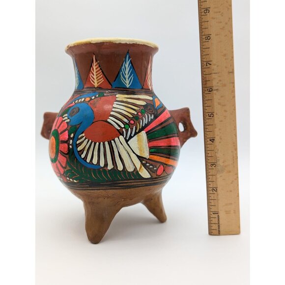 1970's Mexican Tonala Art Ceramic Vase w/ Folklore Hand painted Floral and Bird - Picture 6 of 7